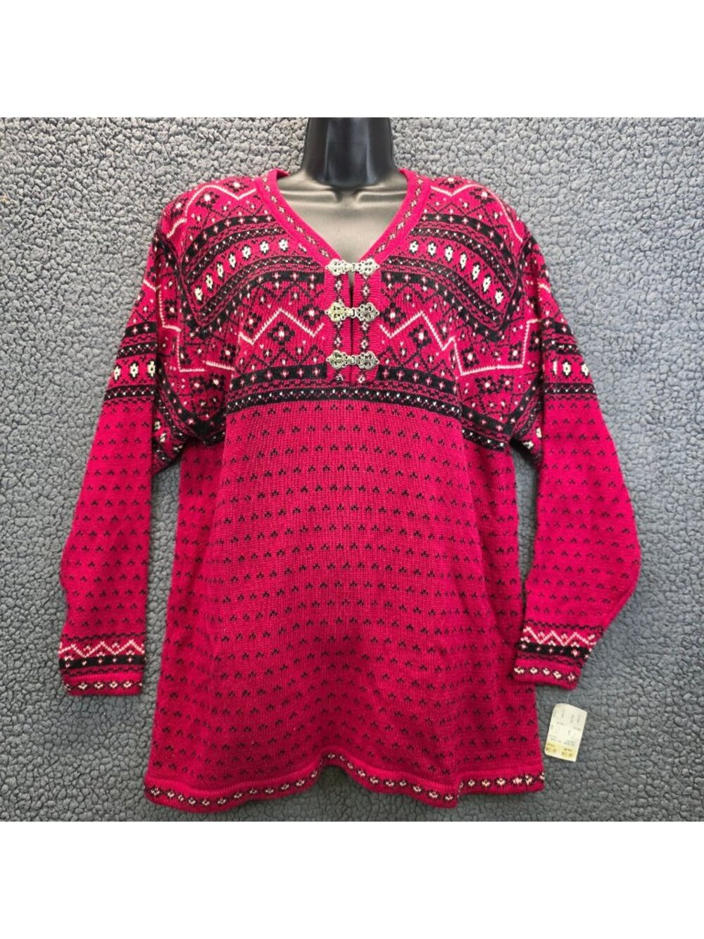 Vintage 90s Jantzen Knit Sweater L Red Black Nordic Cottagecore Preppy Retro